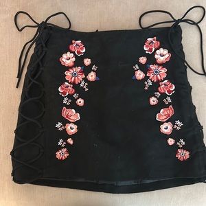 Black & Floral Suede Mini Skirt